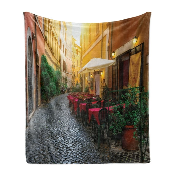 City Old Houses Soft Flannel Fleece Throw Blanket, Old Street in Trastevere in Rome Italy with a Cozy Ambiance and a Cafe, Cozy Plush for Indoor and Outdoor Use, 50" x 70", Multicolor, by Ambesonne