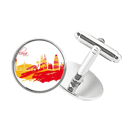 City Outline Red Yellow Barcelona Round Button Cuff Clip Stud Cufflinks