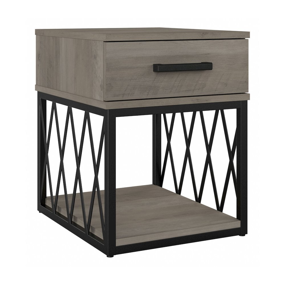 Driftwood Gray Industrial End Table with Storage Drawer