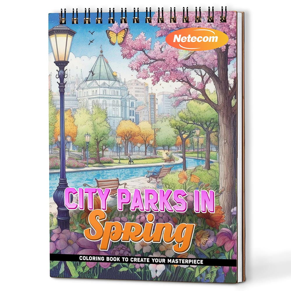 City Parks in Spring Coloring Book Spiral Bound For Adults, A5 Wooden Cover, 30 Beautiful Coloring Pages of Blossoming Flowers for Relaxation and Stress Relief