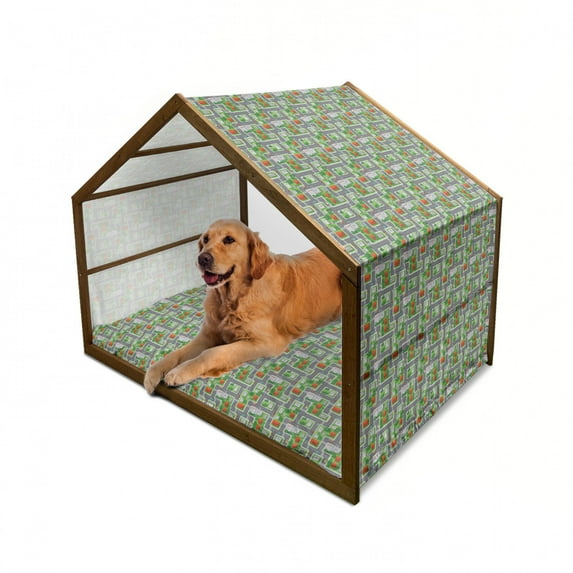 Car Race Track Pet House, Activity Suburb View with Houses Gardens and Trees Cartoon Design, Outdoor & Indoor Portable Dog Kennel with Pillow and Cover, 5 Sizes, Multicolor, by Ambesonne