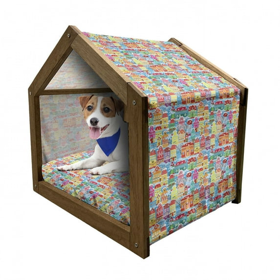 City Pet House, Colorful Town Design Ornamental Winter Holiday Christmas Time Architecture Pattern, Outdoor & Indoor Portable Dog Kennel with Pillow and Cover, 5 Sizes, Multicolor, by Ambesonne