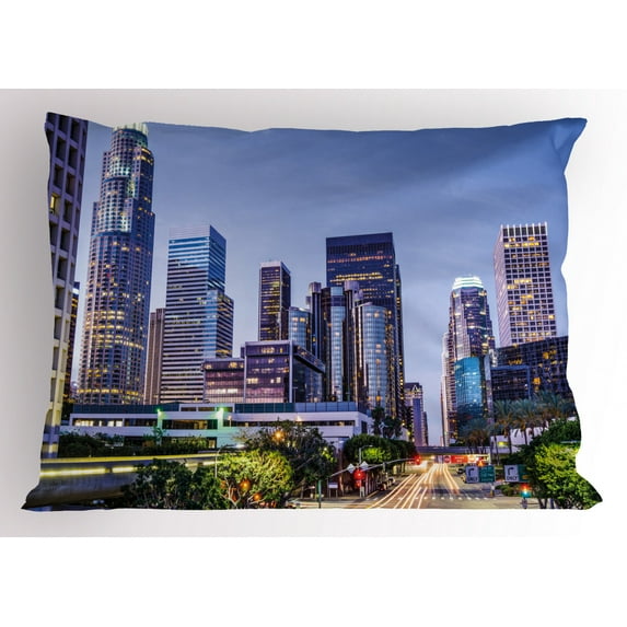 City Pillow Sham Los Angles California Skyline Urban USA Cityscape Skyscrapers Highway Avenue Trees, Decorative Standard Size Printed Pillowcase, 26 X 20 Inches, Multicolor, by Ambesonne