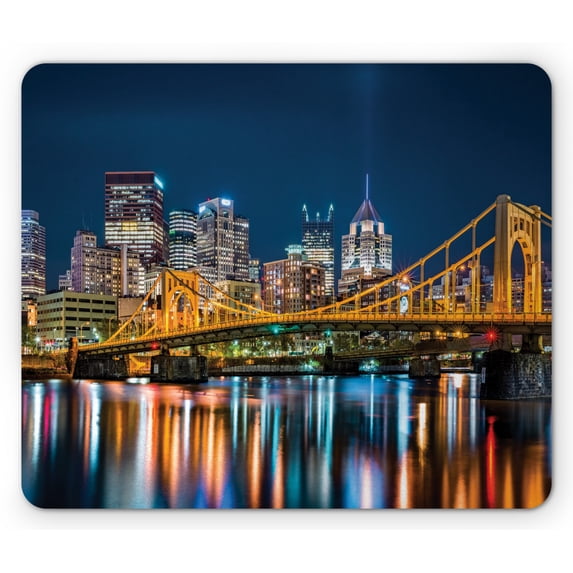 City Pittsburgh Mouse Pad, Rachel Carson Bridge and Reflection on River Landscape Nighttime, Rectangle Non-Slip Rubber Mousepad, Standard Size, Multicolor, by Ambesonne
