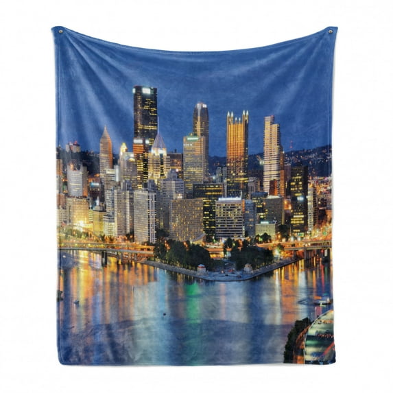 City Pittsburgh Soft Flannel Fleece Blanket, Night Scene of Skyscrapers in Downtown Pennsylvania Skyline Busy City Life, Cozy Plush for Indoor and Outdoor Use, 50" x 70", Multicolor, by Ambesonne