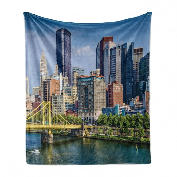 City Pittsburgh Soft Flannel Fleece Throw Blanket, Daytime Picturesque Downtown Scene over the Allegheny River Landmark, Cozy Plush for Indoor and Outdoor Use, 50" x 70", Multicolor, by Ambesonne