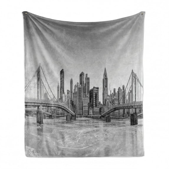 City Pittsburgh Soft Flannel Fleece Throw Blanket, Panoramic View of Pittsburgh Greyscale Gloomy Weather Cityscape, Cozy Plush for Indoor and Outdoor Use, 60" x 80", Pale Taupe and Grey, by Ambesonne
