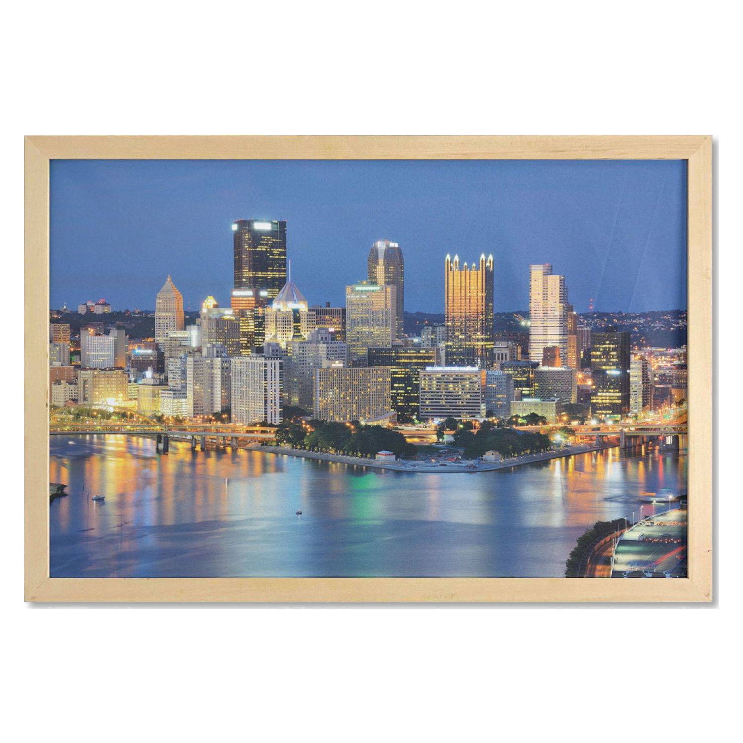 City Pittsburgh Wall Art with Frame, Night Scene of Skyscrapers in Downtown  Pennsylvania Skyline Busy City Life, Printed Fabric Poster for Bathroom Living  Room, 35