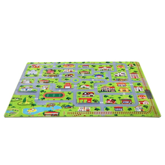 City Play Rug with Roads, Soft Plush Velvet Area Rug with Memory Foam, Non-Slip Play Mat for Bedroom, Playroom.