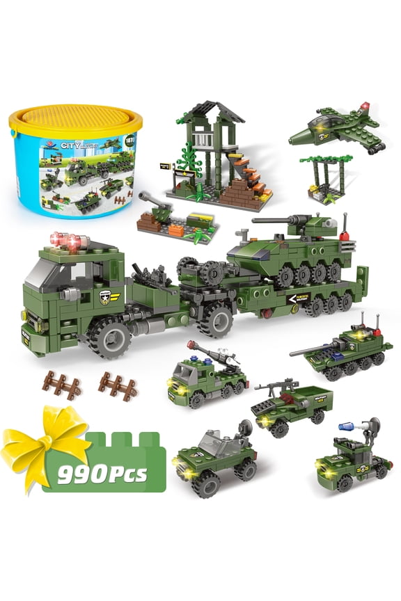 City Police Building Blocks Set, Army Military Base Bricks Kit, Heavy Transport Truck Toy W/ Armored Vehicles & Airplane (990 Pcs)