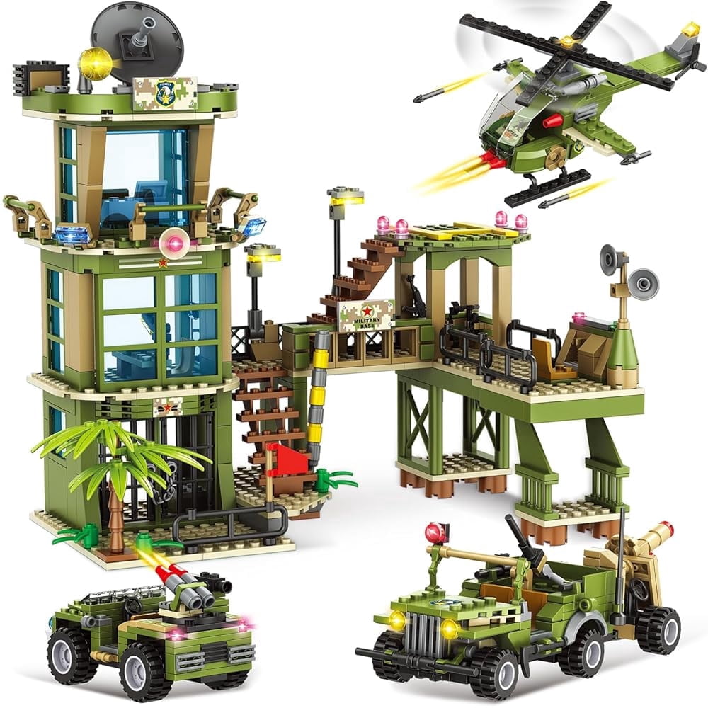 EXERCISE N PLAY Building Blocks Set, Army Military Base Kit, STEM Toy for Boys Kids Ages 6-12 (830 Pieces)