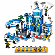 City Police Station Building Block Sets, Blue Police Station Building Bricks with Car and 10 Figures, Plastic Toy Building Sets City Scene Model for Desk Display and Creative Play
