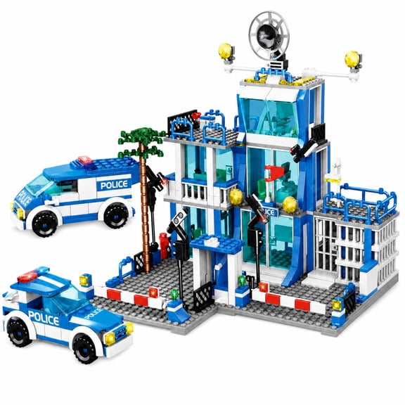 City Police Station Building Block Sets, Blue Police Station Building Bricks with Car and 10 Figures, Plastic Toy Building Sets City Scene Model for Desk Display and Creative Play