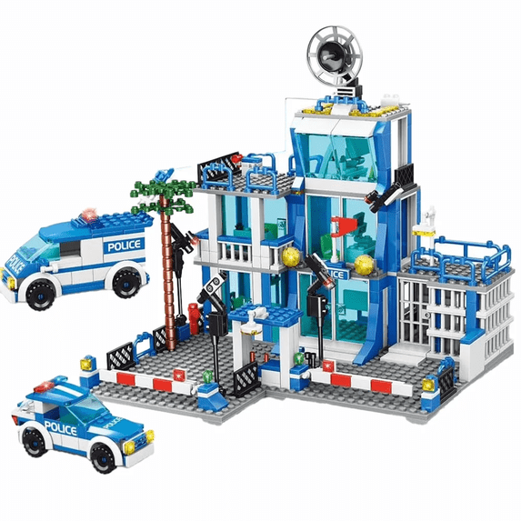 City Police Station Building Set with Car, Compatible with Major Building Block Brands