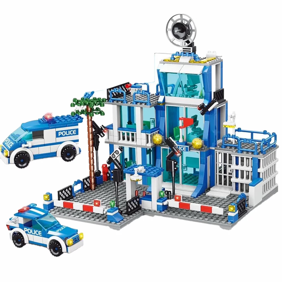 City Police Station Building Set with Car, Compatible with Major Building Block Brands