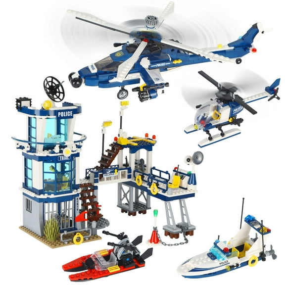 City Police Station STEM Building Sets, Compatible with Lego, Military Helicopter, Aeroplane, Boats, Ship, SWAT Team, 565-Piece Building Kit for Kids, Ages 6-10 Years