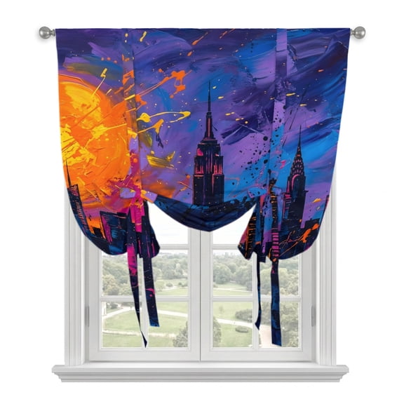 City Purple Tie Up Curtains for Window, Thermal Insulated Balloon Shade Adjustable Rod Pocket Curtains Valance Panels for Kitchen Bathroom Cafe 34 x 45 Night Scene Modern Cityscape Buildings Abstract