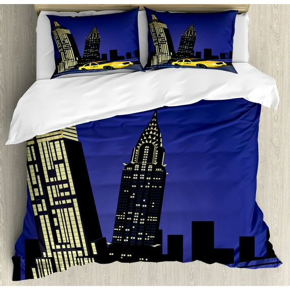 City Queen Size Duvet Cover Set, Skyscrapers and Taxi New York Theme American Downtown Scenic Skyline, Decorative 3 Piece Bedding Set with 2 Pillow Shams, Violet Blue Yellow Black, by Ambesonne