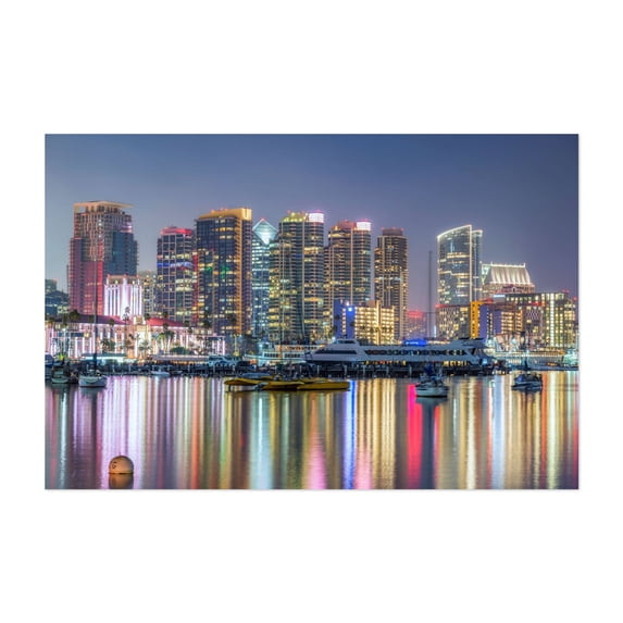 City Reflections - Photography Cityscape Nightlife Skyline Harbor Architecture Neon Sign Boat Unframed Wall Art Print 8 x 12 inches