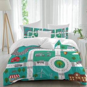 City Road Bedding Duvet Cover Set Twin Size 4 Pieces, Modern Nursery Toy Cars Roundabout Green Urban Map Bedding Set with Zipper Closure, 1 Comforter Cover 68x90 Inches 1 Flat Sheet & 2 Pillow Cases