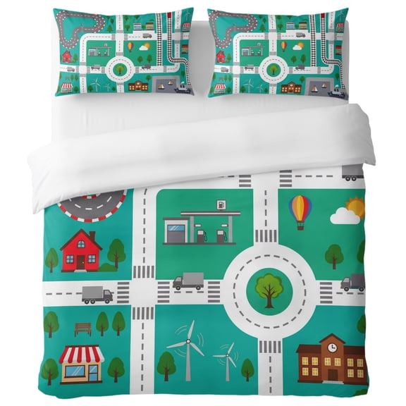 City Road California King Duvet Cover Set, Modern Nursery Toy Cars Roundabout Green Urban Map Decorative 3 Piece Bedding Set with Zipper Closure Soft Breathable Comforter Cover & 2 Pillowcases