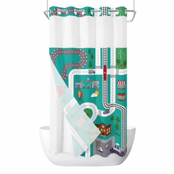 City Road No Hook Shower Curtain with Snap in Liner, Modern Nursery Toy Cars Roundabout Green Urban Map Waterproof Shower Curtains with See Through Top Window Liner for Bathroom, 36x72 Inches