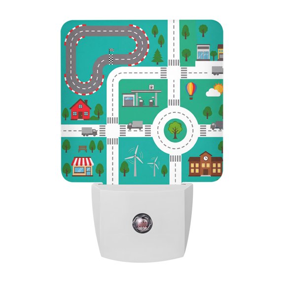 City Road Night Lights, Modern Nursery Toy Cars Roundabout Green Urban Map Smart Auto Dusk to Dawn Sensor Nightlights Plug-in Nightlight for Bedroom Bathroom Living Room Kitchen Hallway