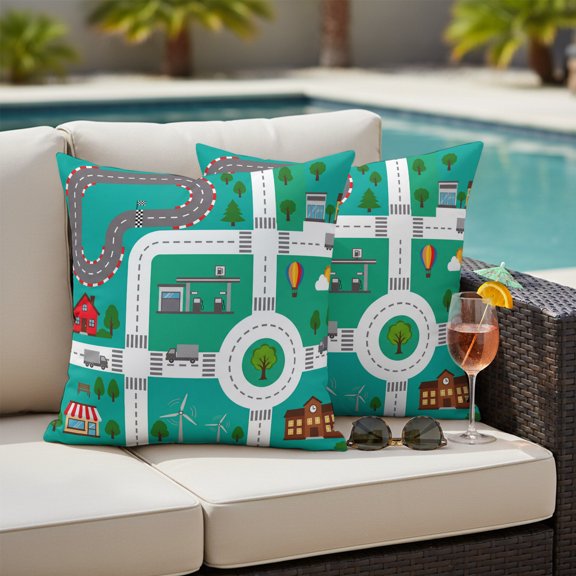 City Road Outdoor Waterproof Throw Pillow Covers Set of 2, 16"x16", Modern Nursery Toy Cars Roundabout Green Urban Map Decorative Pillow Covers Outside Cushion Case for Patio Porch Garden