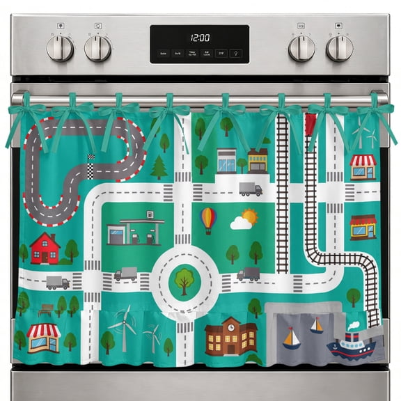 City Road Oven Skirt Curtain, 27x20 Inch Modern Nursery Toy Cars Roundabout Green Urban Map Kitchen Tie Top Oven Curtain for Door, Decorative Stove Skirt Dishwasher Cover With Ribbon Ties