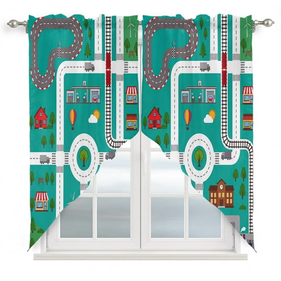 City Road Swag Valance Curtains Modern Nursery Toy Cars Roundabout Green Urban Map Rod Pocket Swag Curtains Small Window Treatments for Kitchen Bathroom Bedroom 28" W x 36" L, 2 Panels