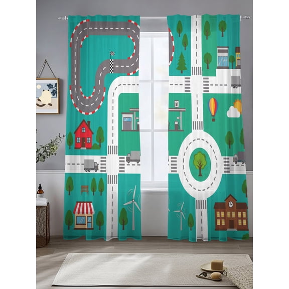 City Road Window Sheer Curtain Modern Nursery Toy Cars Roundabout Green Urban Map Semi Curtain Sheers Light Filtering Rod Pocket Voile Drapes for Bedroom Kitchen Living Room 52 X 108 Inch, 2 Panels