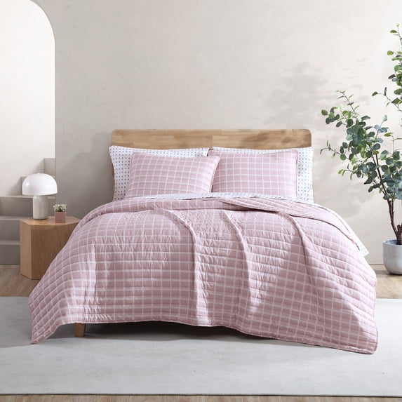City Scene Woven Grid Pink Reversible 3 Piece King Quilt Set