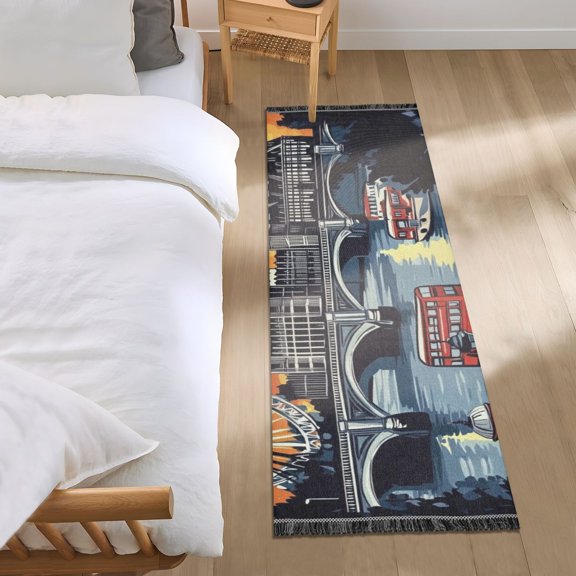 City Scenery at Night Bedroom Runner Rug 2'x 6' Non Slip Carpet Indoor Home Area Rug Living Room