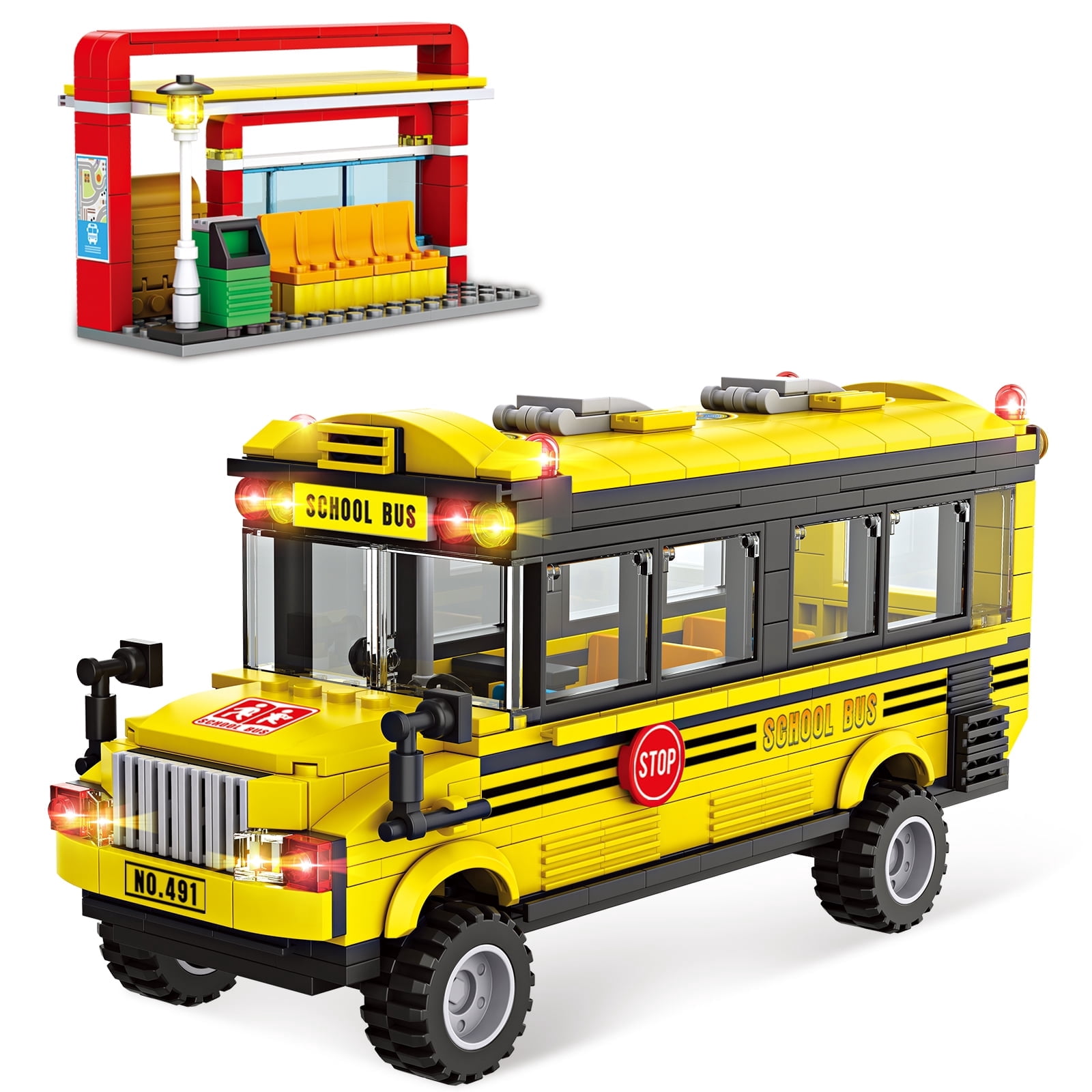 City School Bus Building Kit with Yellow Bus and Bus Station, Creative Building Blocks Toy Birthday Gifts for Kids Boys Girls Aged 6-12 (488 Pieces)