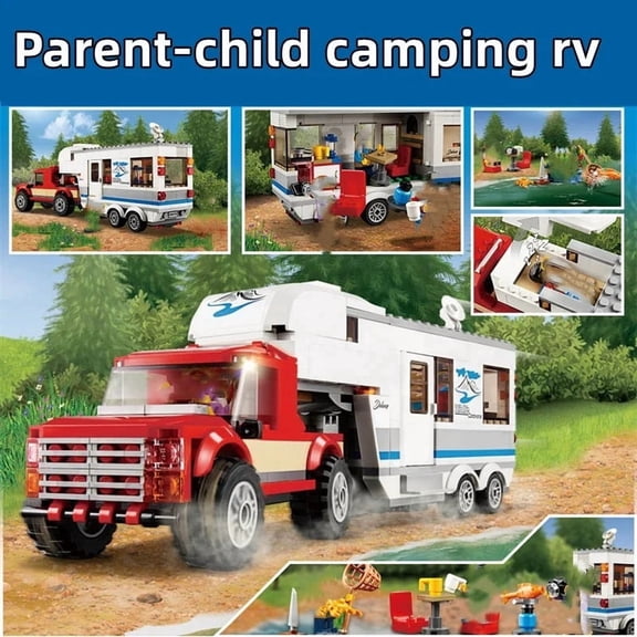 City Series Pickup Caravan RV Building Blocks Set, ParentChild Camping Outdoor Assembly Toy, Christmas Holiday Gift for Kids