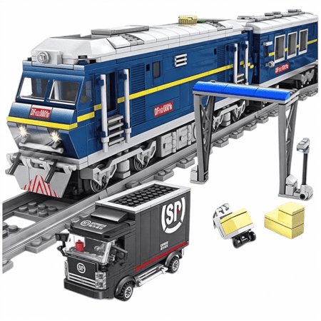 Blue Diesel-Powered Moving Cargo Train Building Blocks Set | 1,002 Pieces | GJ-BTS