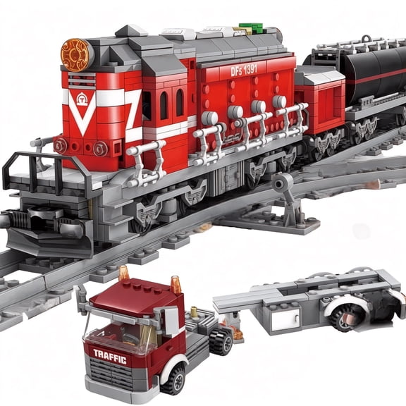 Red Diesel Powered Moving Cargo Train Building Blocks Set | 1,002 Pieces | GJ-EBRT