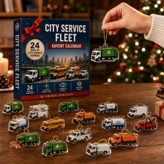 City Service Fleet Advent Calendar 2026, 24 Day Christmas Countdown Calendar with 24 Acrylic Vehicle Hanging Ornaments for Christmas Tree, City Truck Fans and Seasonal Gifts