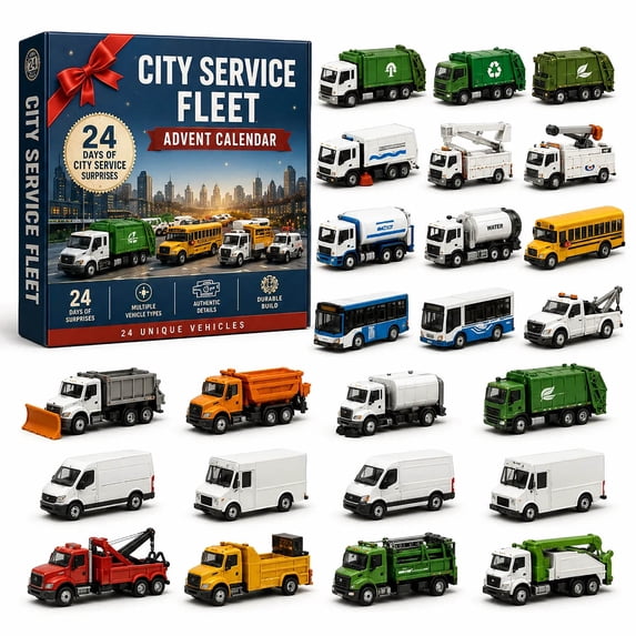 City Service Fleet Cars Advent Calendar 2026, 24 Days 2D Flat Acrylic City Work Vehicle Ornaments, Collectible Christmas Countdown Gift Box for Xmas Tree Decoration, Christmas Stocking Stuffers