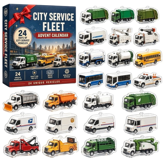 City Service Trucks Advent Calendar 2026, 24Day Christmas Countdown with 24 Unique 2D Acrylic City Work Vehicle Ornaments, Holiday Home Decor Gift for Truck Enthusiasts and Teenagers