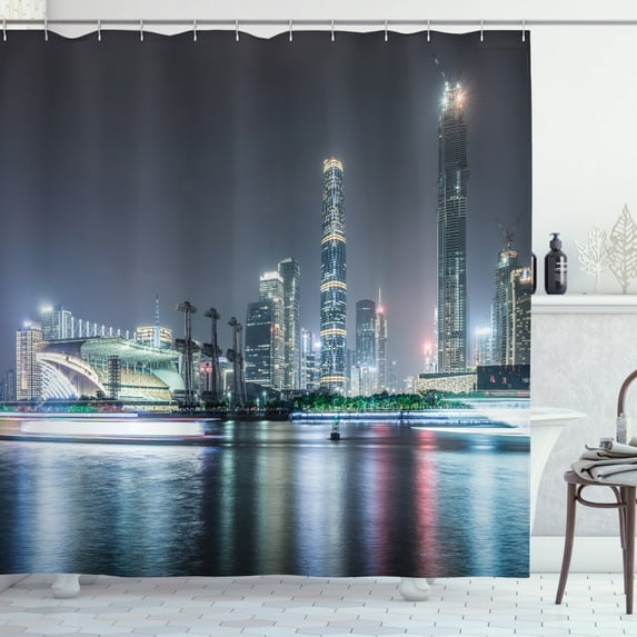 City Shower Curtain, Nightfall Scenery of Guangzhou Downtown China Landscape Modern Architecture Exploring, Fabric Bathroom Set with Hooks, 69W X 75L Inches Long, Multicolor, by Ambesonne
