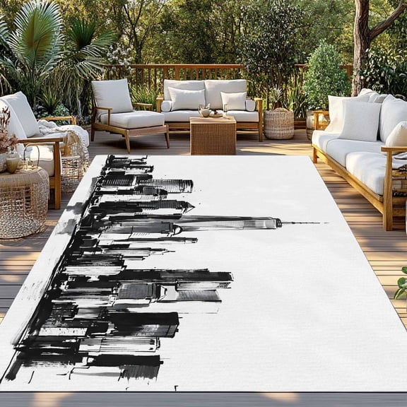 City Silhouette Indoor Outdoor Rugs 3x5 Ft, Modern Minimalist Black and White Skyscraper Outdoor Patio Rugs Mat Washable Outside Area Rugs Carpet for Porch Deck RV Camping Pool Balcony Backyard
