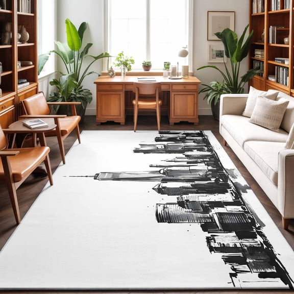 City Silhouette Washable Area Rug 9 x 12 ft Modern Minimalist Black and White Skyscraper, Soft Non Slip Rugs Stain Repellent Indoor Felt Carpet for Living Dining Room Bedroom Home Office