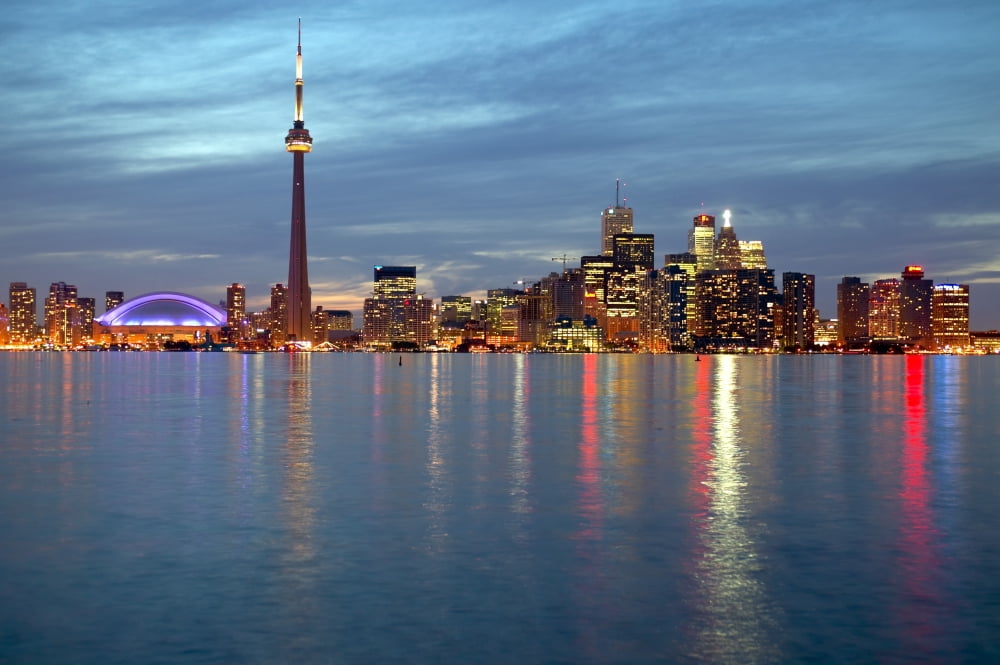 City Skyline At Dusk From Centre Island Toronto Ontario Canvas Art - Roderick Chen Design Pics (34 x 22)