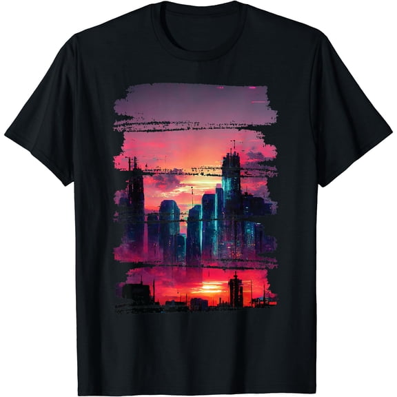 City Skyline Cyberpunk Aesthetic Japanese Streetwear Theme T-Shirt, Unisex T-Shirt