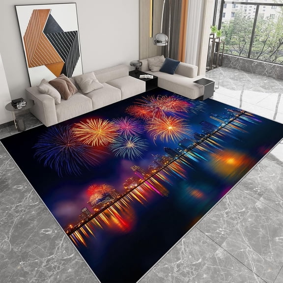 City Skyline Fireworks Area Rugs, Dark Blue Nightscape Carpet, Washable Non Slip Low Pile Soft Rug for Living Room Bedroom Home Office Decor Mat 5x8ft