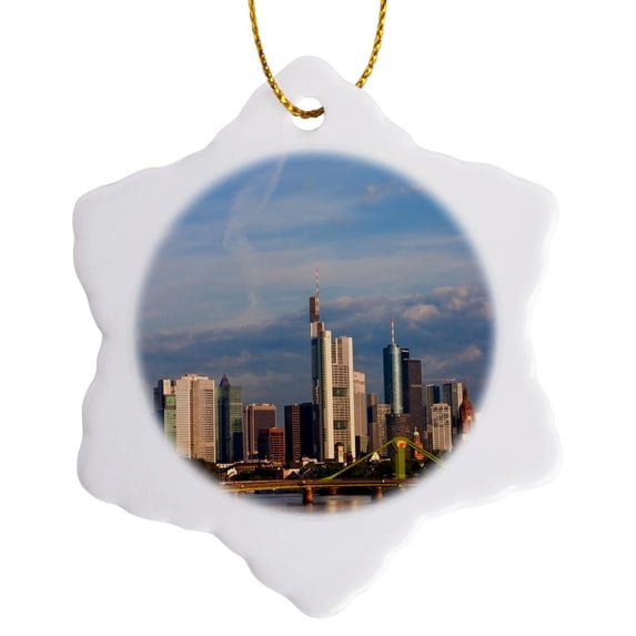 City Skyline Frankfurt Am Main Hessen Germany, 3 inch Snowflake Porcelain Ornament
