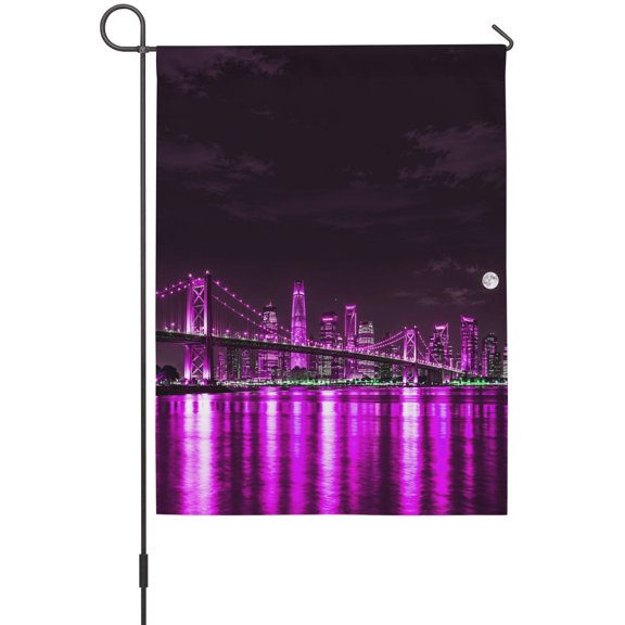 City Skyline Garden Flag 12 x 18 Inches, Modern Urban Bridge Purple Lights River Reflection Weather Proof Outdoor Patio Flags Double Sided Small Garden Decoration for Yard Outside Home