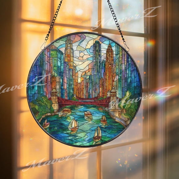 City Skyline Glass Suncatcher, Round Urban River Window Panel, Modern Art, 3.5 in