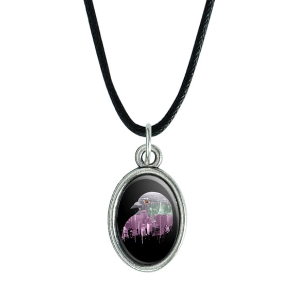 City Skyline Graffiti Pigeon Head Antiqued Oval Charm Pendant with Black Satin Cord